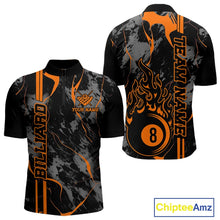 Load image into Gallery viewer, Men’s Billiard quarter zip shirt mockup shown front and back featuring a flaming billiard 8 ball motif over a blue and green abstract pattern.