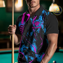 Load image into Gallery viewer, Front view male model wearing a polo shirt with flaming billiard 8 ball artwork across a blue and green abstract background.