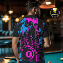 Load image into Gallery viewer, Male model back view wearing a Billiard polo shirt with flaming 8 ball motif on a blue and green abstract background.