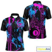 Load image into Gallery viewer, Front and back men’s Billiard polo shirt mockup with billiard 8 ball flame graphics over a blue and green abstract background.
