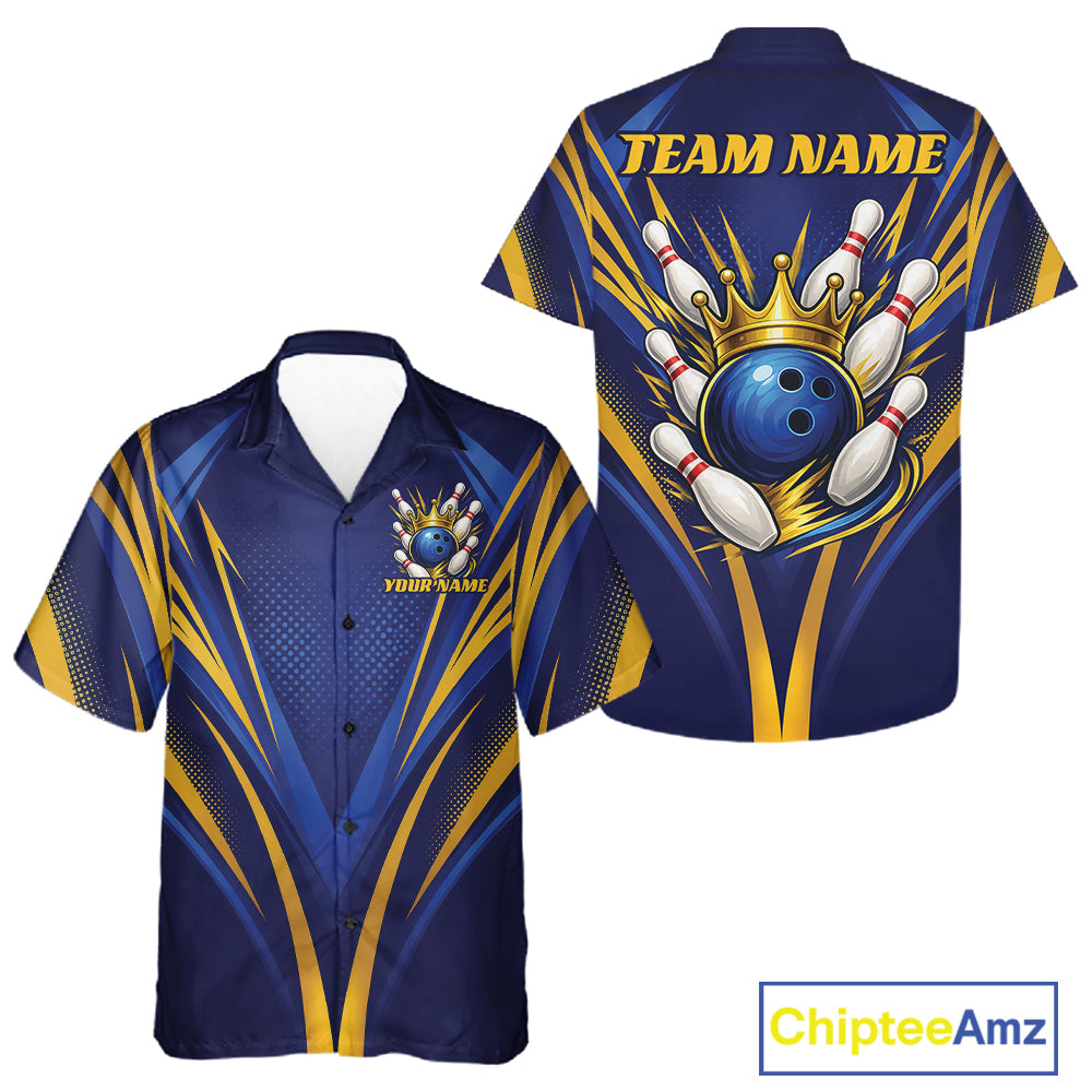 Custom Blue And Gold Crowned Bowling Ball Bowling King Bowling Team Men And Women Button Up Shirt IPHW11810