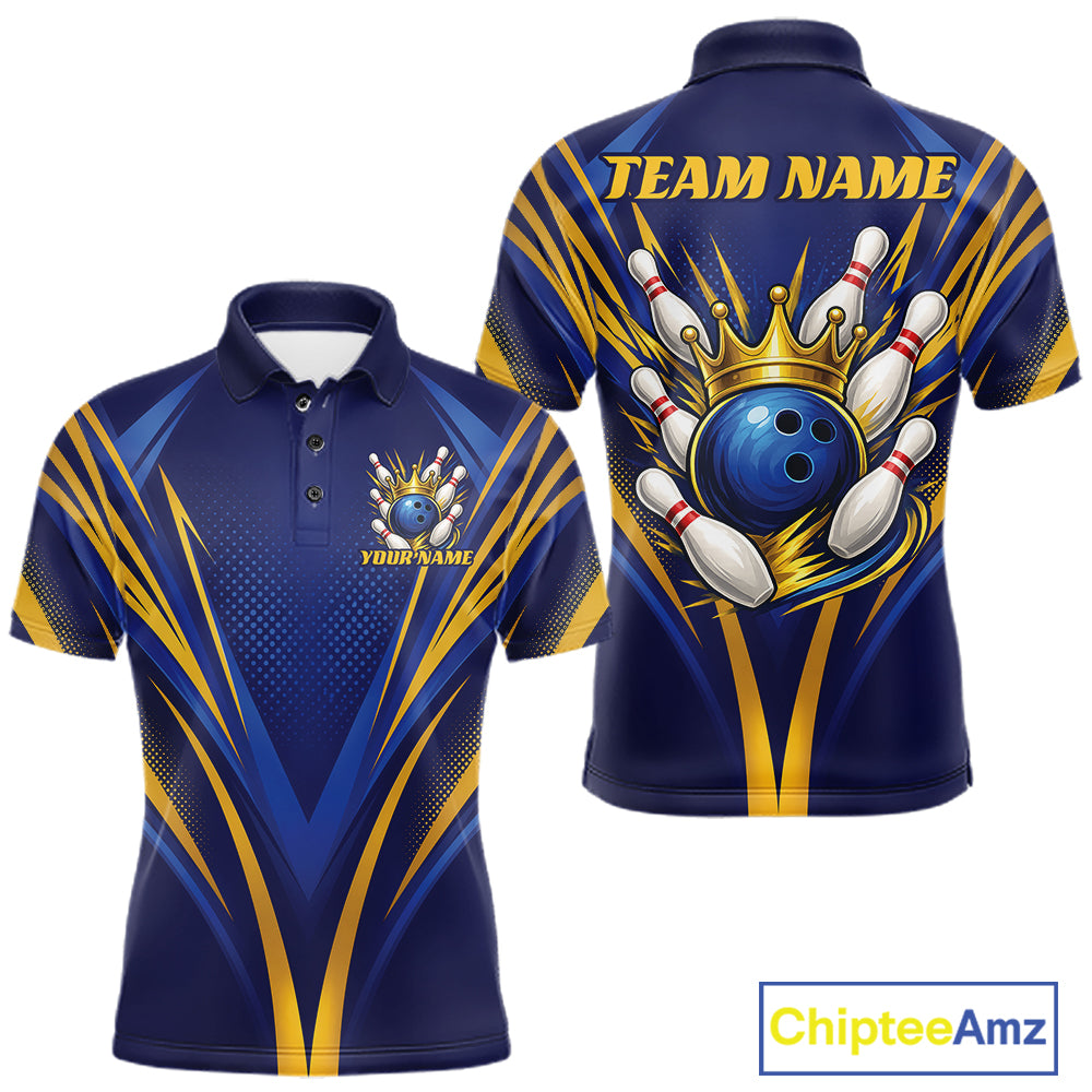 Custom Blue And Gold Crowned Bowling Ball Bowling King Bowling Team Men Polo Shirt IPHW11810