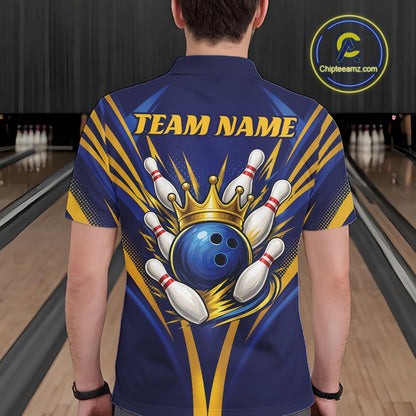 Custom Blue And Gold Crowned Bowling Ball Bowling King Bowling Team Men Polo Shirt IPHW11810