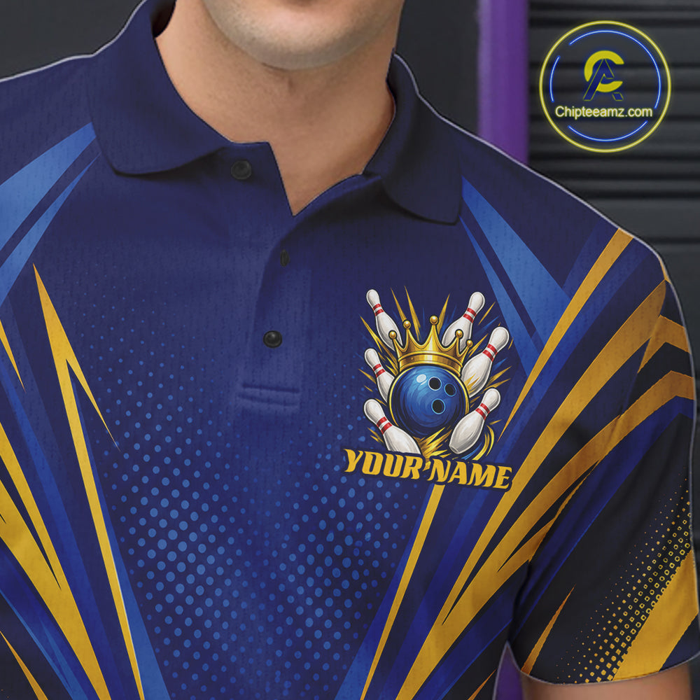 Custom Blue And Gold Crowned Bowling Ball Bowling King Bowling Team Men Polo Shirt IPHW11810