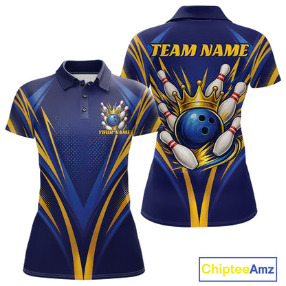 Custom Blue And Gold Crowned Bowling Ball Bowling Queen Bowling Team Women Polo Shirt IPHW11810
