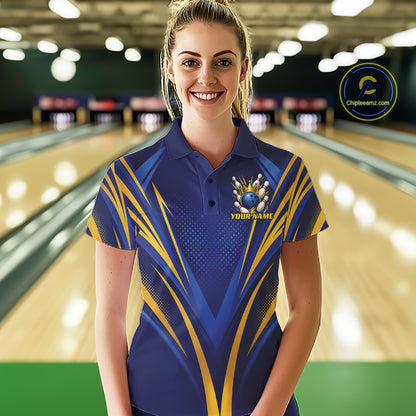 Custom Blue And Gold Crowned Bowling Ball Bowling Queen Bowling Team Women Polo Shirt IPHW11810