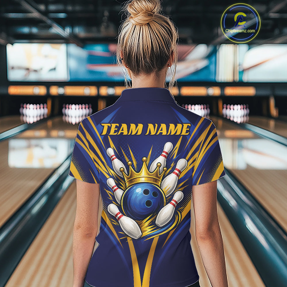 Custom Blue And Gold Crowned Bowling Ball Bowling Queen Bowling Team Women Polo Shirt IPHW11810