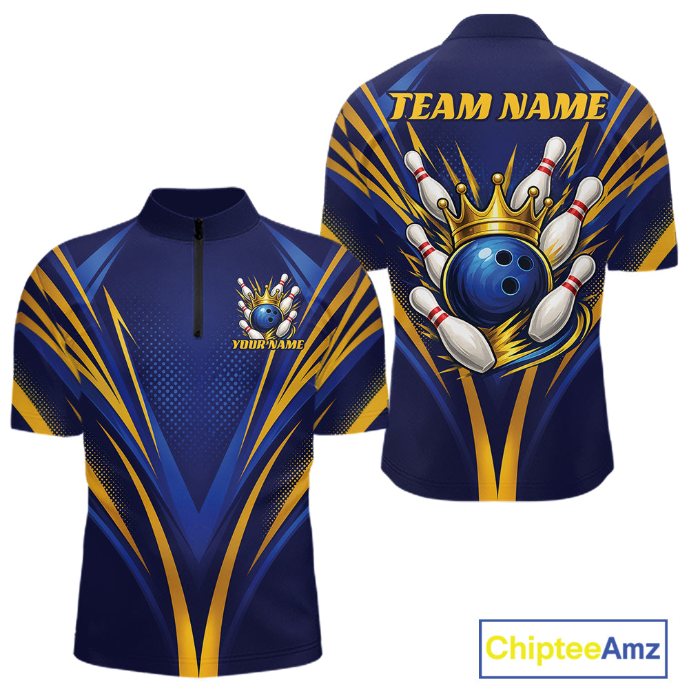 Custom Blue And Gold Crowned Bowling Ball Bowling King Bowling Team Men Quarter Zip Shirt IPHW11810