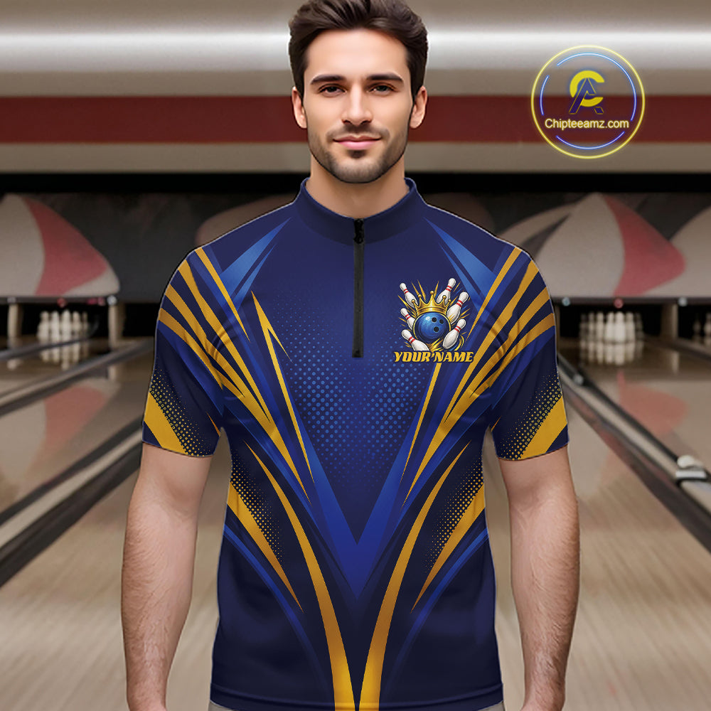 Custom Blue And Gold Crowned Bowling Ball Bowling King Bowling Team Men Quarter Zip Shirt IPHW11810