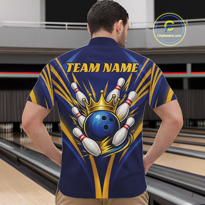 Custom Blue And Gold Crowned Bowling Ball Bowling King Bowling Team Men Quarter Zip Shirt IPHW11810