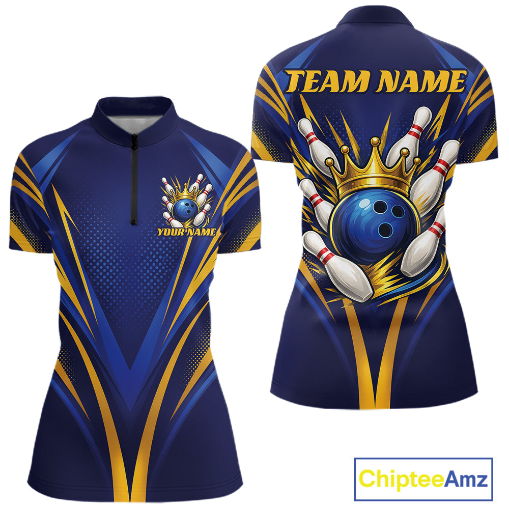 Custom Blue And Gold Crowned Bowling Ball Bowling Queen Team Women Quarter-Zip Shirt IPHW11810