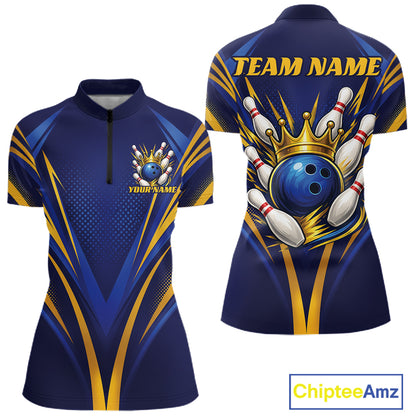Custom Blue And Gold Crowned Bowling Ball Bowling Queen Team Women Quarter-Zip Shirt IPHW11810