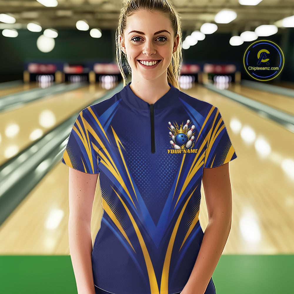 Custom Blue And Gold Crowned Bowling Ball Bowling Queen Team Women Quarter-Zip Shirt IPHW11810