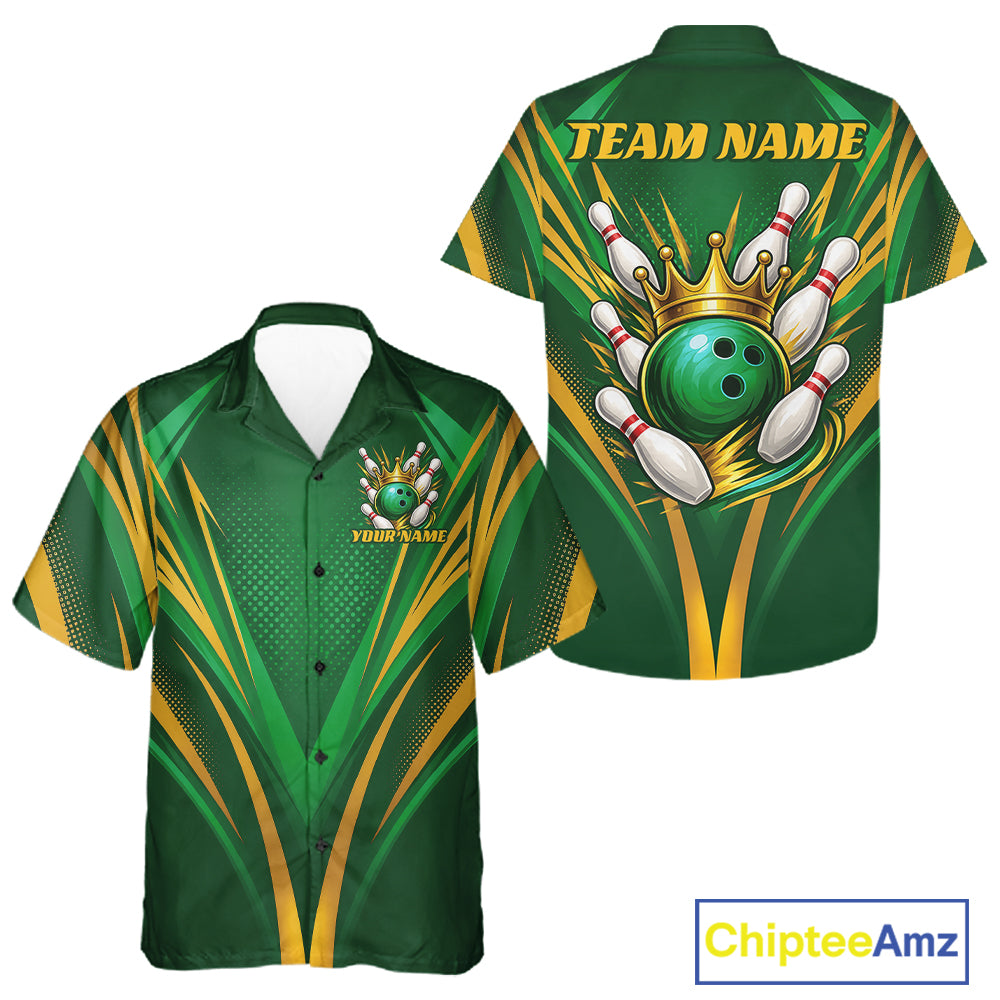 Custom Green And Gold Crowned Bowling Ball Bowling King Bowling Team Men And Women Button Up Shirt IPHW11811