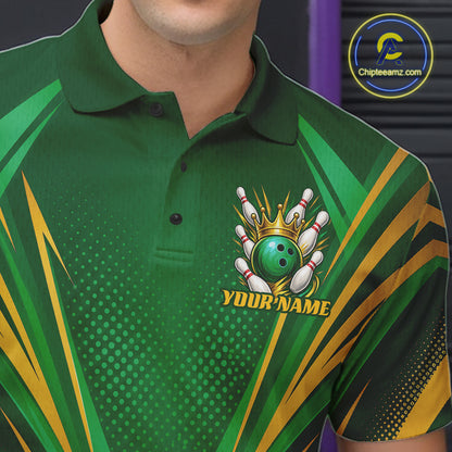 Custom Green And Gold Crowned Bowling Ball Bowling King Bowling Team Men Polo Shirt IPHW11811