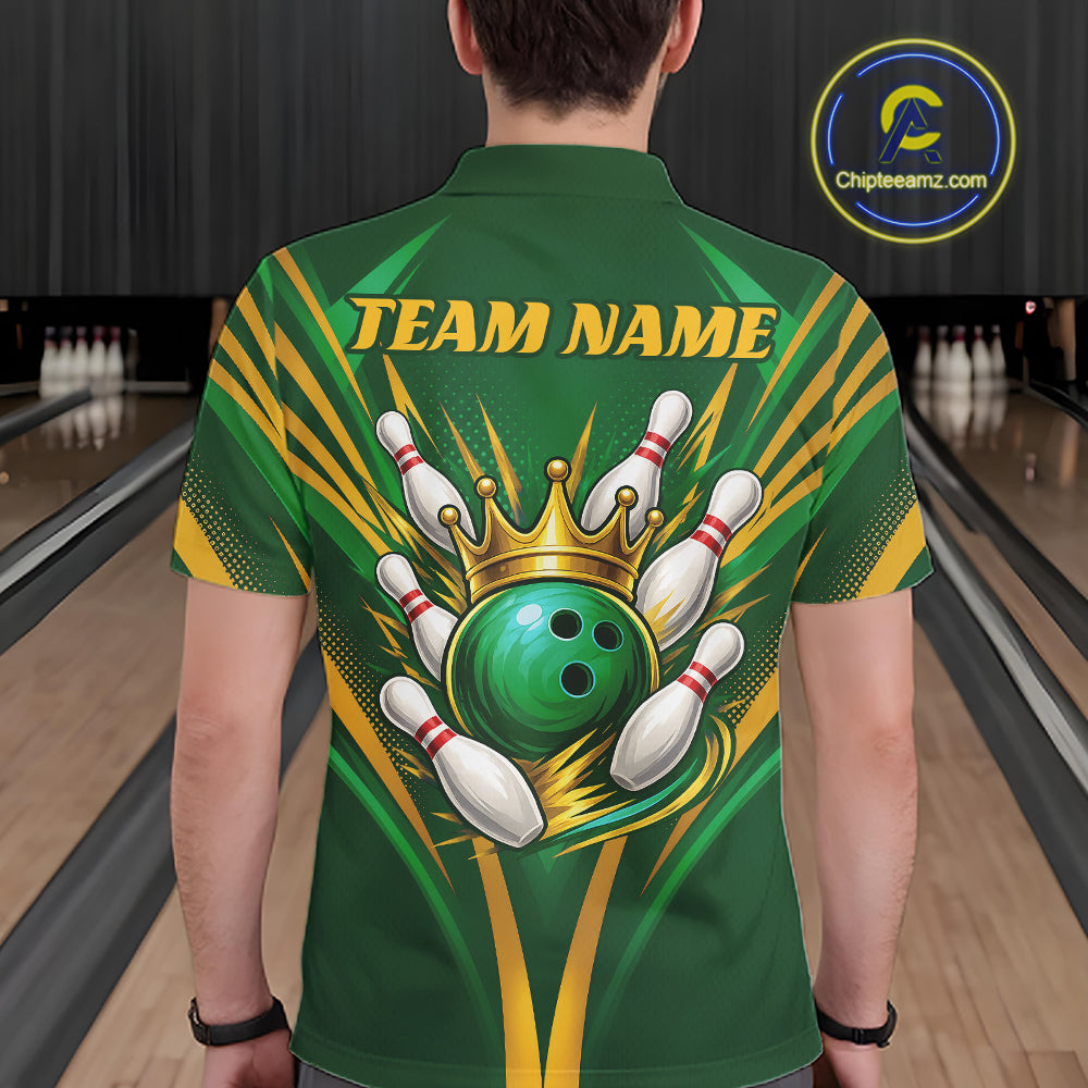 Custom Green And Gold Crowned Bowling Ball Bowling King Bowling Team Men Polo Shirt IPHW11811