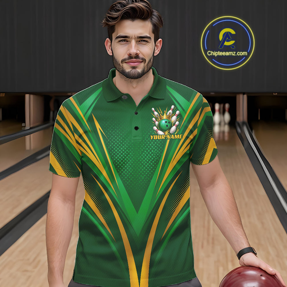 Custom Green And Gold Crowned Bowling Ball Bowling King Bowling Team Men Polo Shirt IPHW11811
