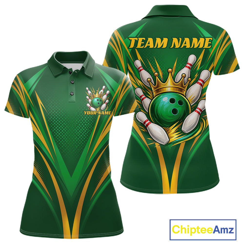 Custom Green And Gold Crowned Bowling Ball Bowling Queen Bowling Team Women Polo Shirt IPHW11811