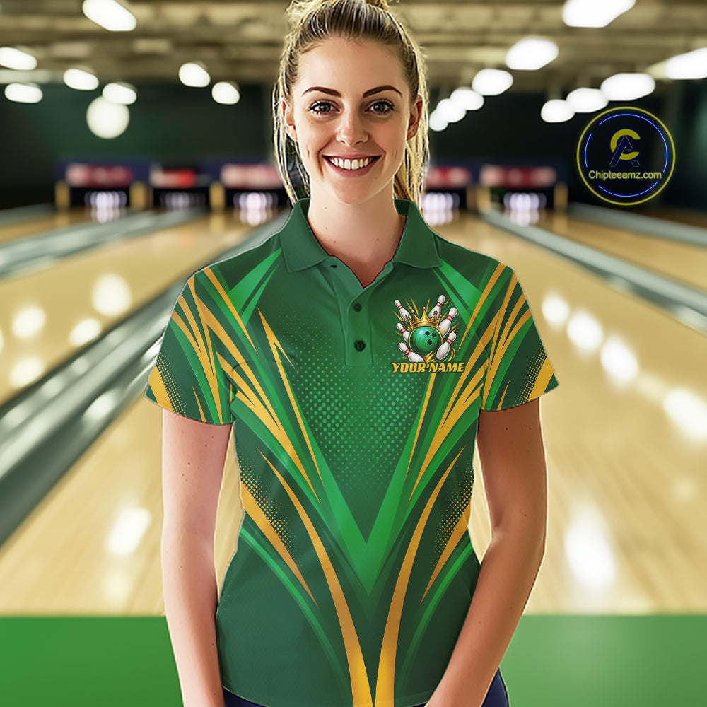 Custom Green And Gold Crowned Bowling Ball Bowling Queen Bowling Team Women Polo Shirt IPHW11811