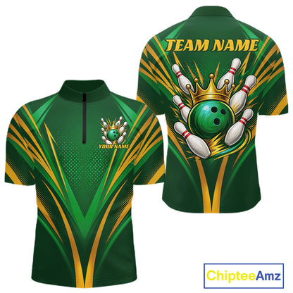 Custom Green And Gold Crowned Bowling Ball Bowling King Bowling Team Men Quarter Zip Shirt IPHW11811