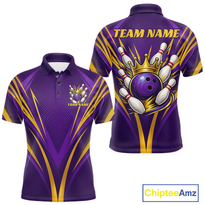 Custom Purple And Gold Crowned Bowling Ball Bowling King Bowling Team Men Polo Shirt IPHW11812
