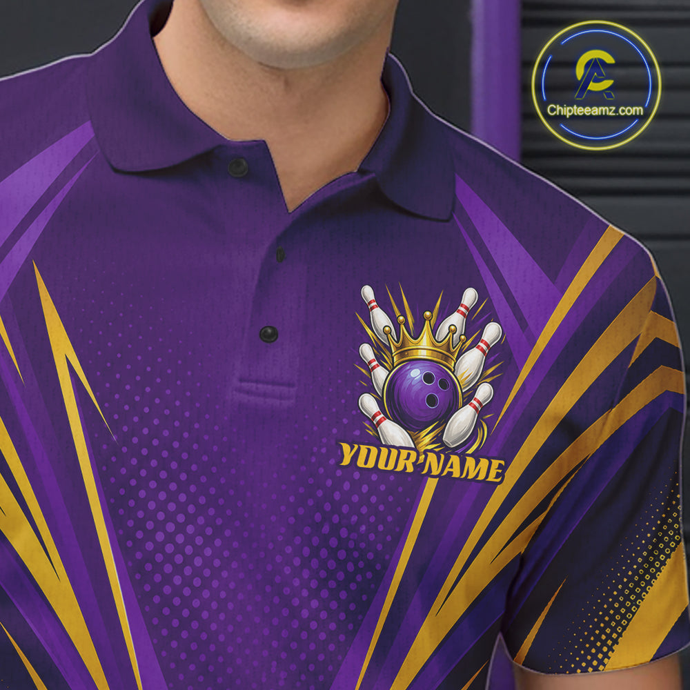 Custom Purple And Gold Crowned Bowling Ball Bowling King Bowling Team Men Polo Shirt IPHW11812