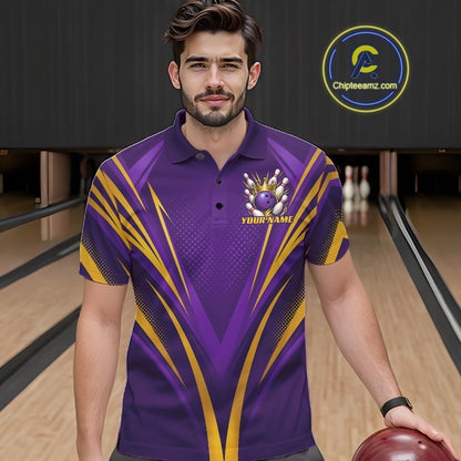 Custom Purple And Gold Crowned Bowling Ball Bowling King Bowling Team Men Polo Shirt IPHW11812
