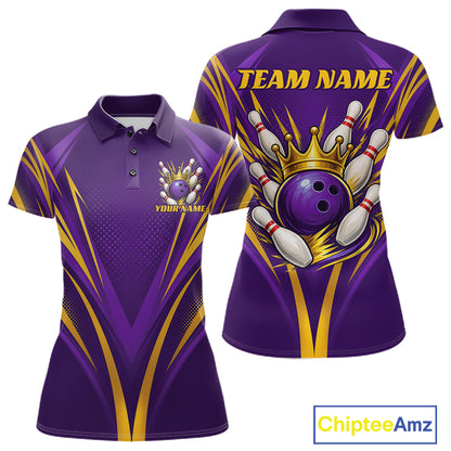 Custom Purple And Gold Crowned Bowling Ball Bowling Queen Bowling Team Women Polo Shirt IPHW11812