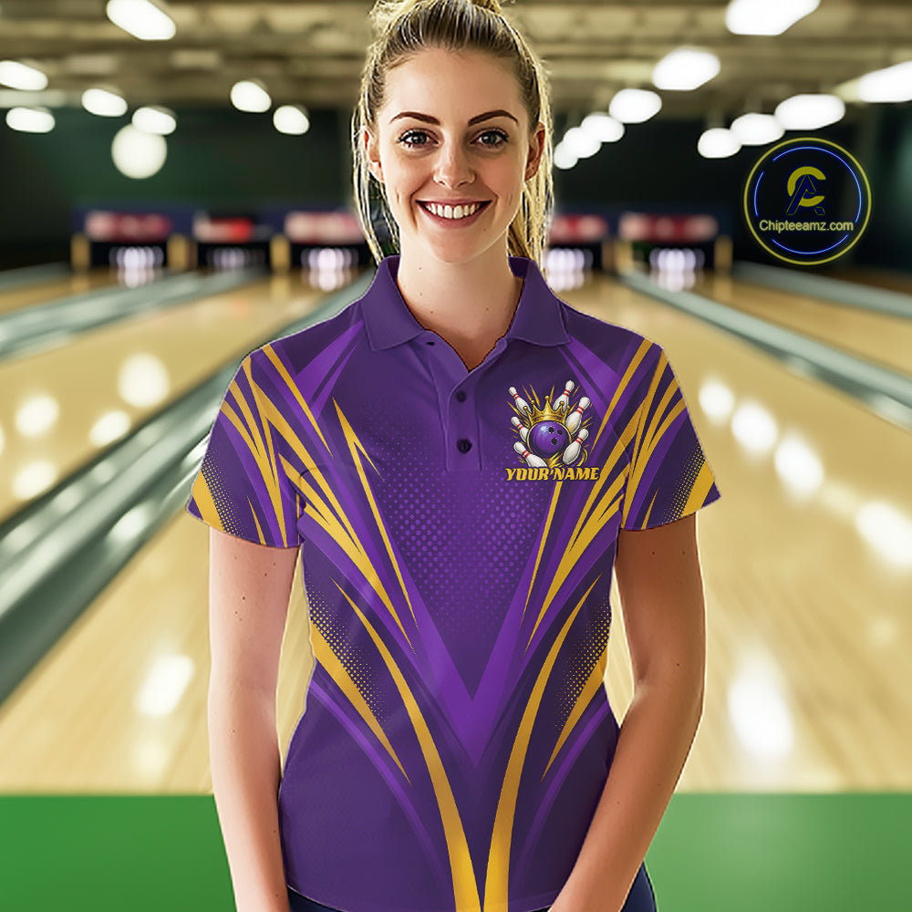 Custom Purple And Gold Crowned Bowling Ball Bowling Queen Bowling Team Women Polo Shirt IPHW11812