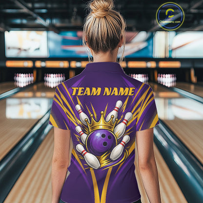 Custom Purple And Gold Crowned Bowling Ball Bowling Queen Bowling Team Women Polo Shirt IPHW11812