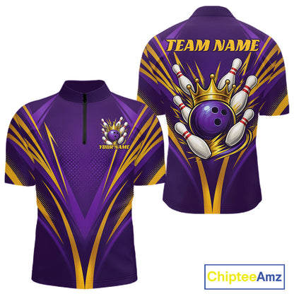 Custom Purple And Gold Crowned Bowling Ball Bowling King Bowling Team Men Quarter Zip Shirt IPHW11812
