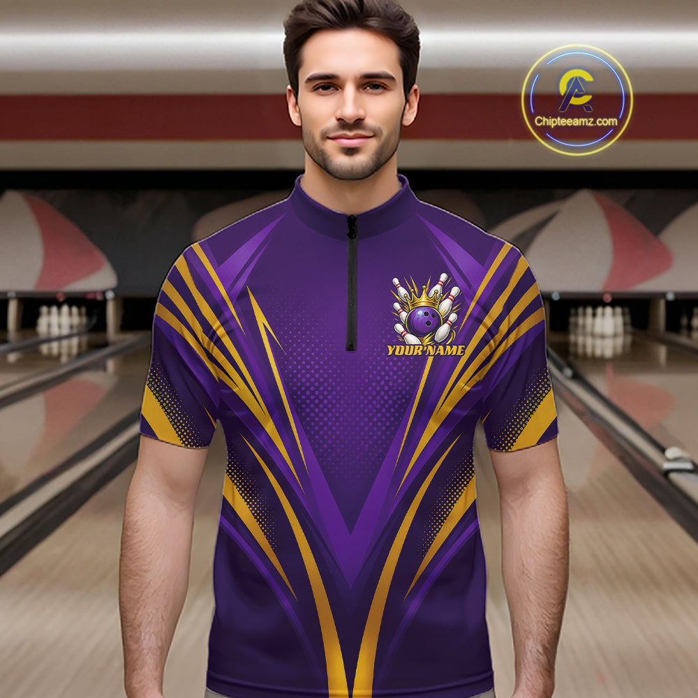 Custom Purple And Gold Crowned Bowling Ball Bowling King Bowling Team Men Quarter Zip Shirt IPHW11812