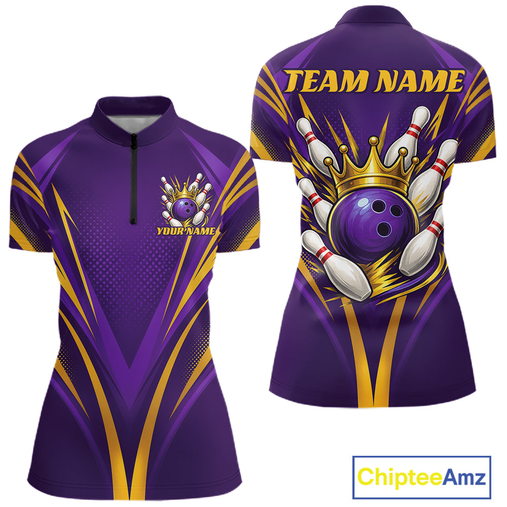 Custom Purple And Gold Crowned Bowling Ball Bowling Queen Team Women Quarter-Zip Shirt IPHW11812