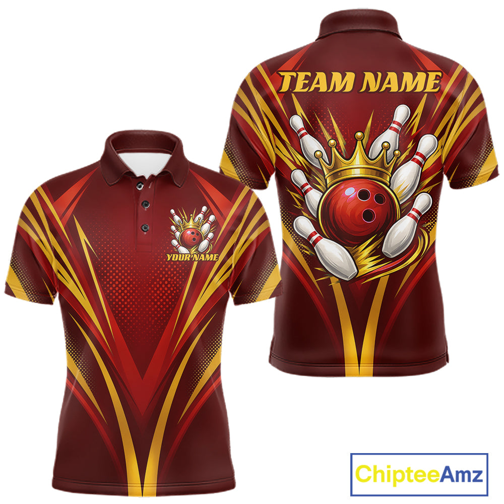Custom Red And Gold Crowned Bowling Ball Bowling King Bowling Team Men Polo Shirt IPHW11813