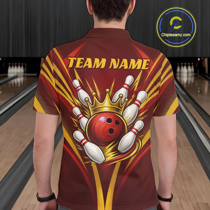 Custom Red And Gold Crowned Bowling Ball Bowling King Bowling Team Men Polo Shirt IPHW11813