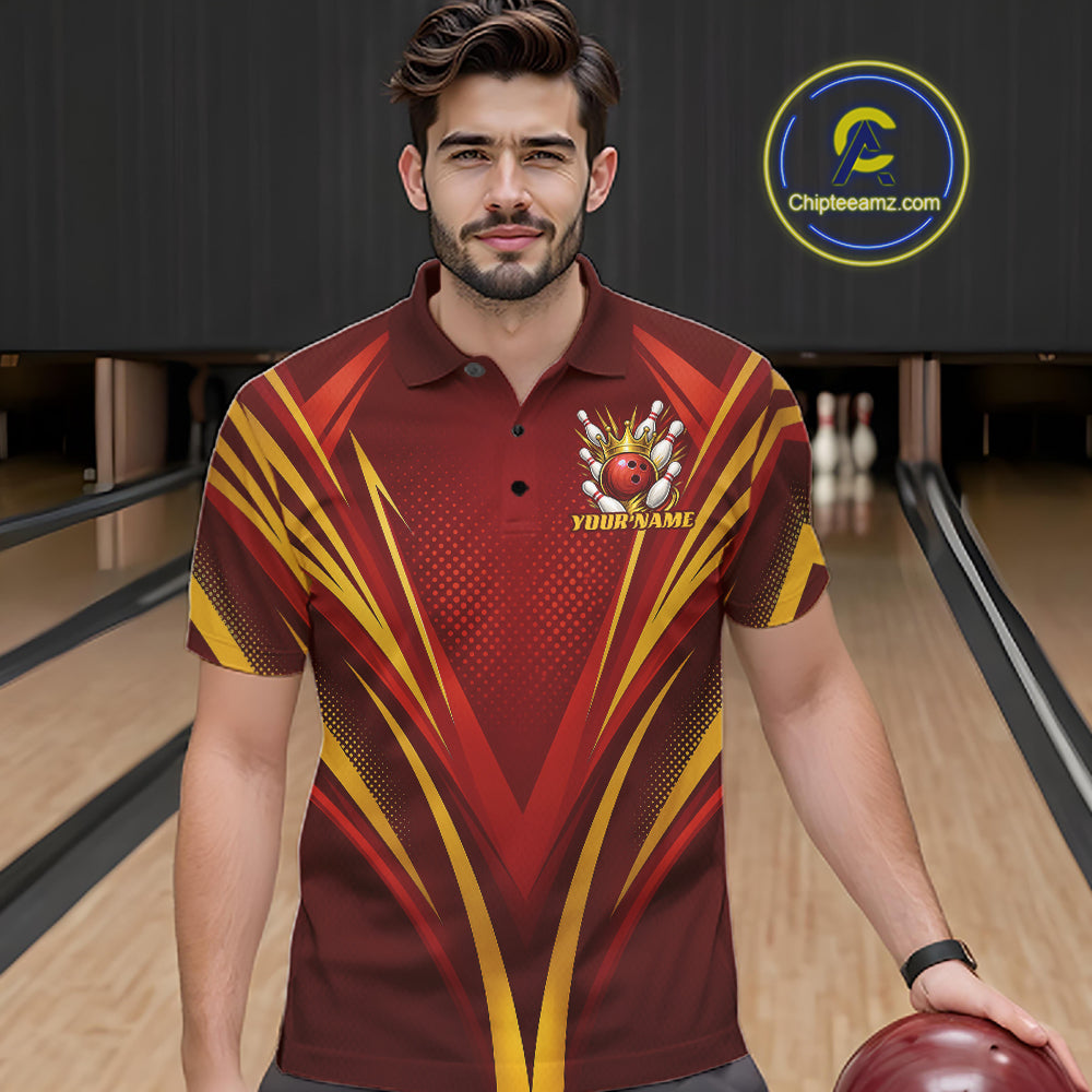 Custom Red And Gold Crowned Bowling Ball Bowling King Bowling Team Men Polo Shirt IPHW11813