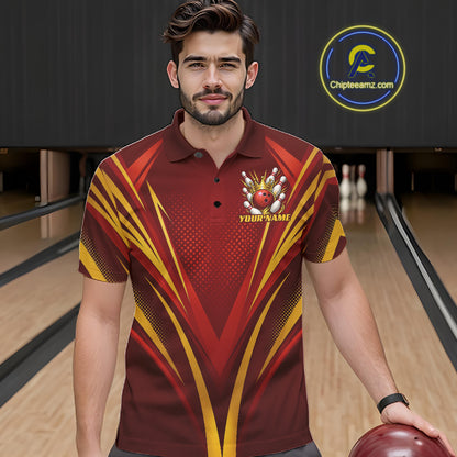 Custom Red And Gold Crowned Bowling Ball Bowling King Bowling Team Men Polo Shirt IPHW11813