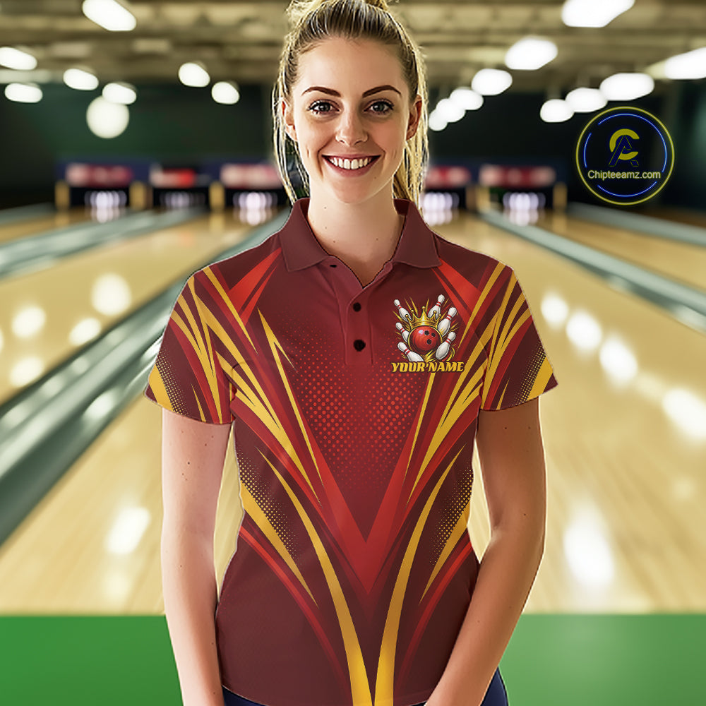 Custom Red And Gold Crowned Bowling Ball Bowling Queen Bowling Team Women Polo Shirt IPHW11813