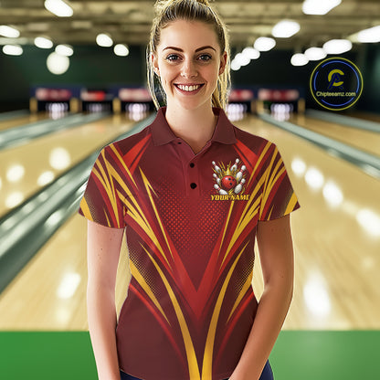 Custom Red And Gold Crowned Bowling Ball Bowling Queen Bowling Team Women Polo Shirt IPHW11813