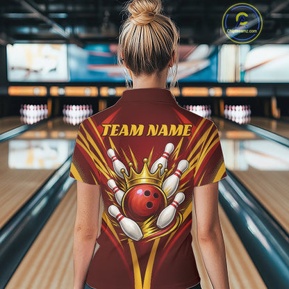 Custom Red And Gold Crowned Bowling Ball Bowling Queen Bowling Team Women Polo Shirt IPHW11813
