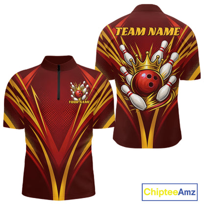 Custom Red And Gold Crowned Bowling Ball Bowling King Bowling Team Men Quarter Zip Shirt IPHW11813