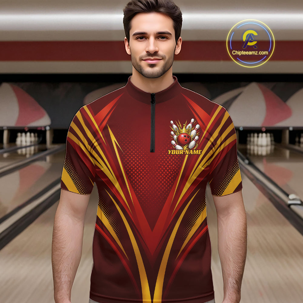 Custom Red And Gold Crowned Bowling Ball Bowling King Bowling Team Men Quarter Zip Shirt IPHW11813