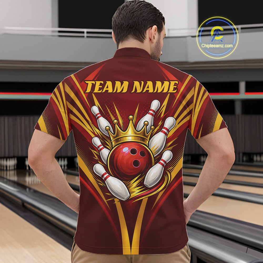 Custom Red And Gold Crowned Bowling Ball Bowling King Bowling Team Men Quarter Zip Shirt IPHW11813