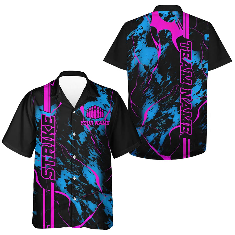 Custom Blue And Pink Strike Bowling Men And Women Hawaiian Shirt, Camo Bowling League Team Jerseys IPHW5387