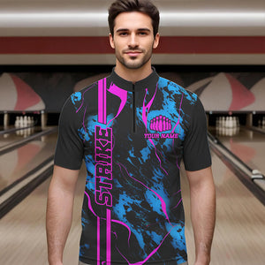 Custom Blue Pink Strike Bowling Shirts Men Quarter Zip Camo Bowling Team Jerseys Bowling League IPHW5387