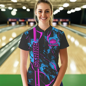 Custom Blue And Pink Strike Bowling Shirts Women Quarter Zip Camo Bowling Team Jerseys IPHW5387