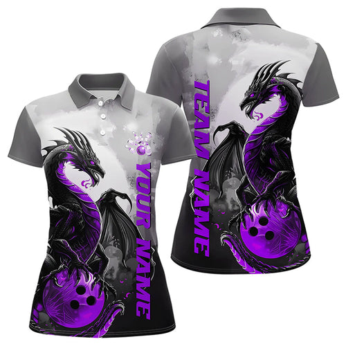 Black And Purple Custom Dragon Bowling Polo Shirts For Women, Dragon Bowling Team Shirts IPHW8817