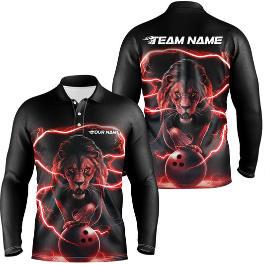 Custom Lion Long Sleeve Bowling Polo Shirts For Men, Bowling Shirts Bowling Uniform | Red IPHW6784