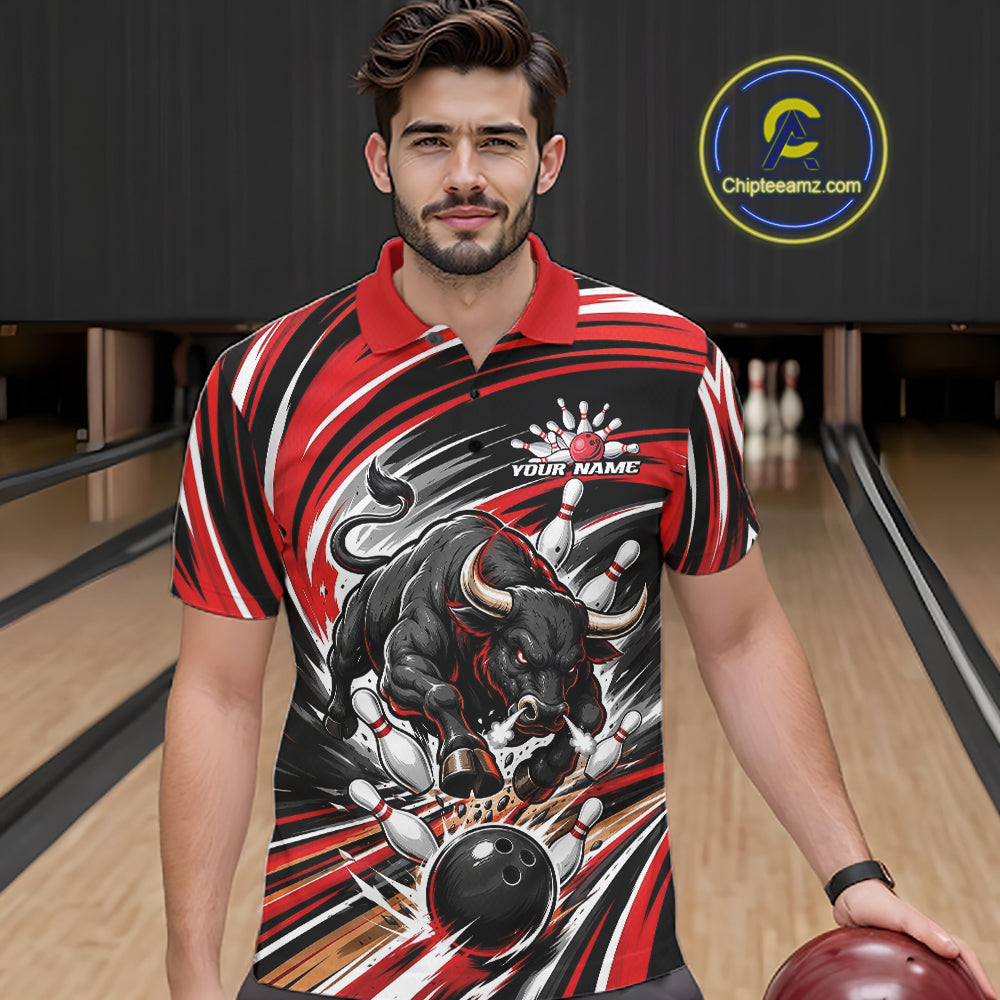 Custom Black And Red Angry Bull Bowling Jerseys, Bowling Team League Men Polo Shirt IPHW11818