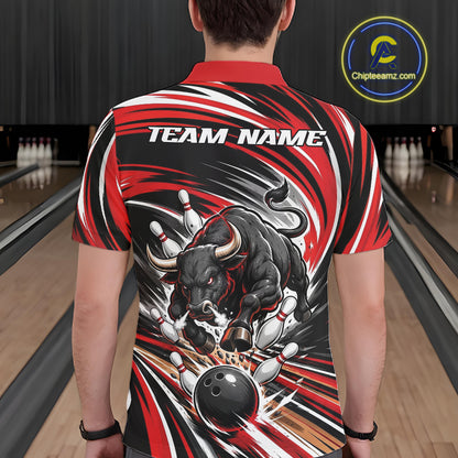 Custom Black And Red Angry Bull Bowling Jerseys, Bowling Team League Men Polo Shirt IPHW11818